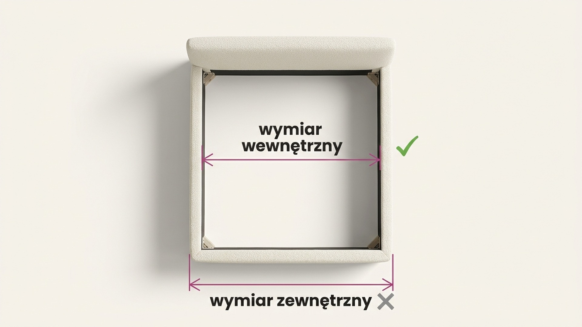 Rzut z góry ramy łóżka tapicerowanego — wymiar wewnętrzny mierzony między ściankami bocznymi, wymiar zewnętrzny mierzony po obrysie mebla